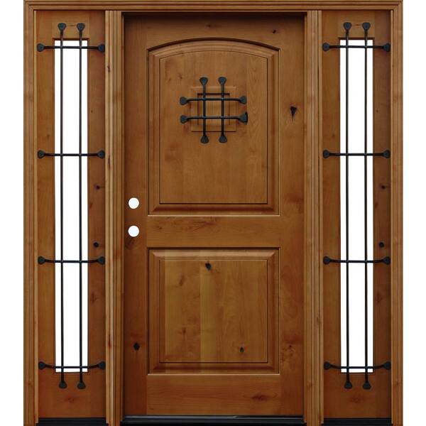 Pacific Entries 70 in. x 80 in. Rustic Arched 2-Panel Stained Knotty Alder Wood Prehung Front Door with 14 in. Sidelites