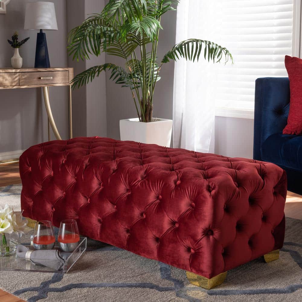 Avara Burgundy Velvet Button Tufted Bench Ottoman with Gold Legs