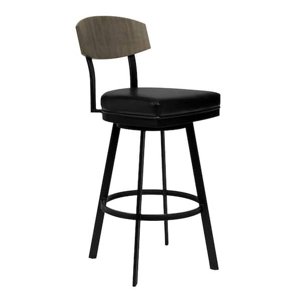 HomeRoots 26 in. Black Faux Leather Black Metal and Gray Walnut Open Back Swivel Bar Stool