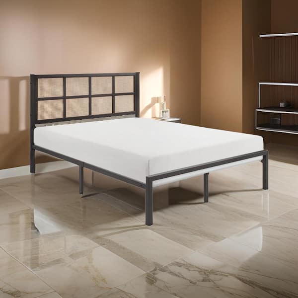 Bronze and Brown Metal Frame Queen Platform Bed with Tufted Headboard