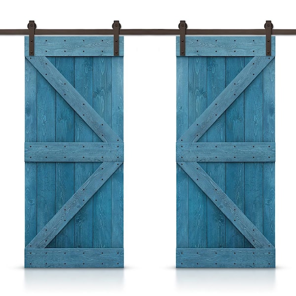 CALHOME K 88 in. x 84 in. Ocean Blue Stained DIY Solid Pine Wood Interior Double Sliding Barn Door with Hardware Kit