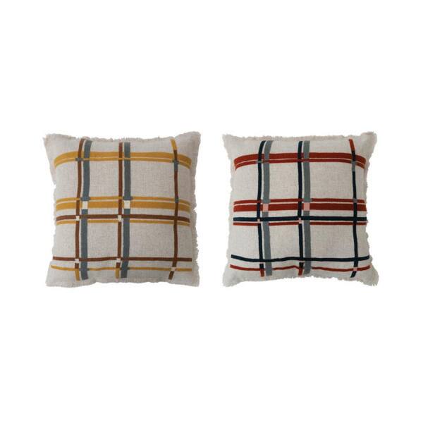 Storied Home Fabric Blend Embroidered Plaid Pillow with Eyelash Fringe