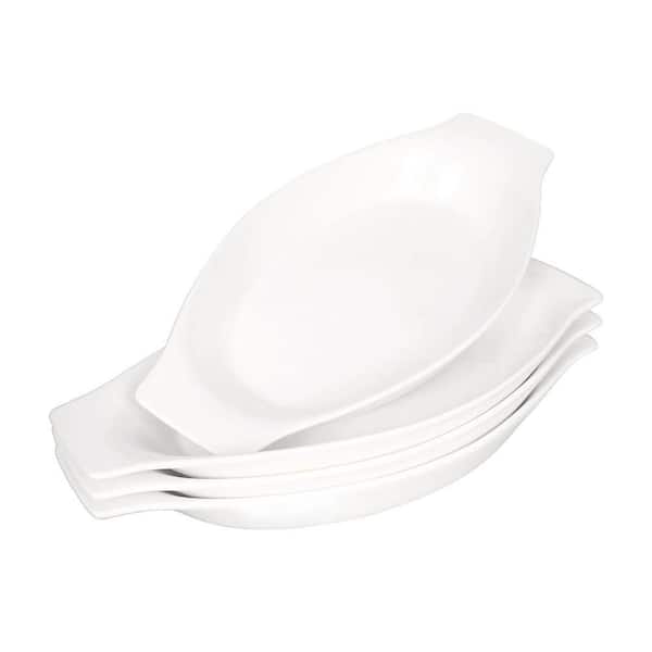 Mini Oval Au Gratin 4-Piece Porcelain White Ceramic Oven Microwave Safe Bakeware Set with Handles for Kitchen and Home