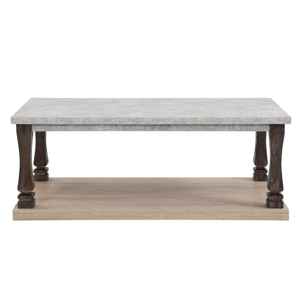 Light Grey Solid Wood MDF Outdoor Coffee Table with 2-Tier Storage Shelf, C