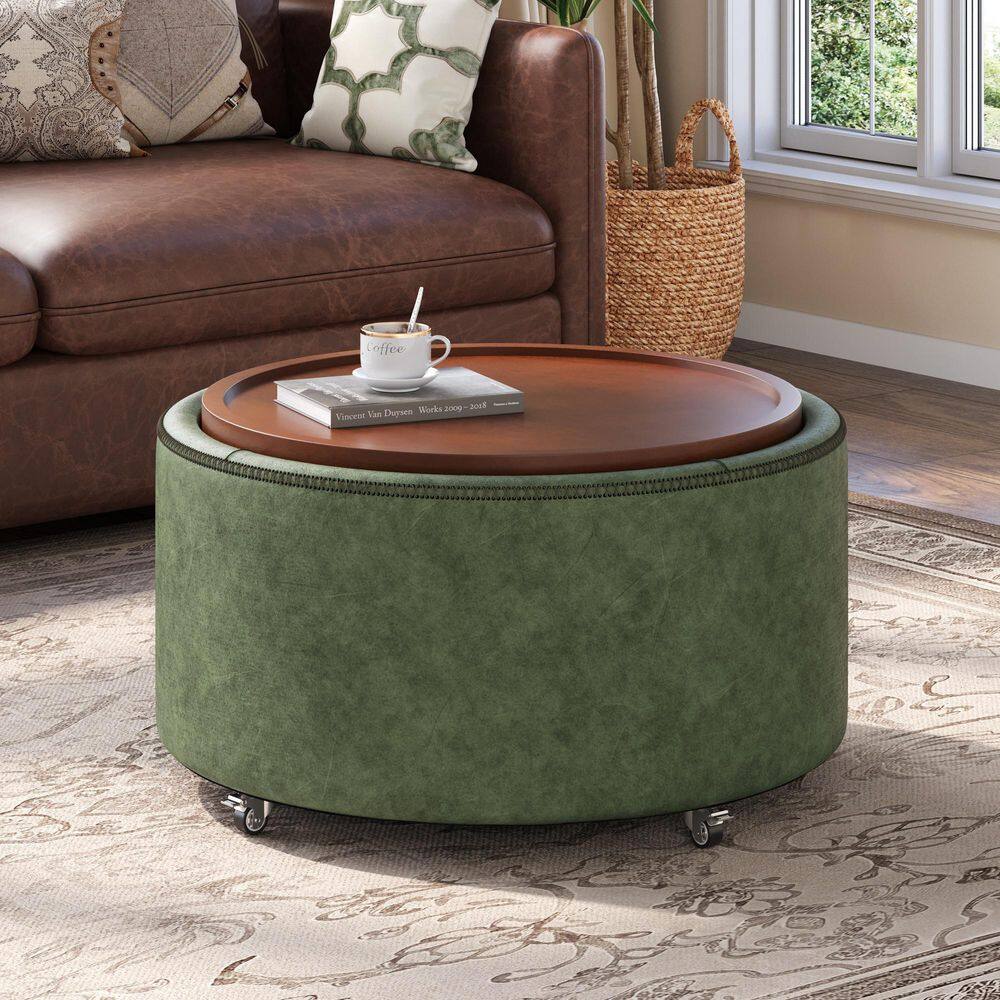 Olive Green PU Leather Round Storage Ottoman with Wheels