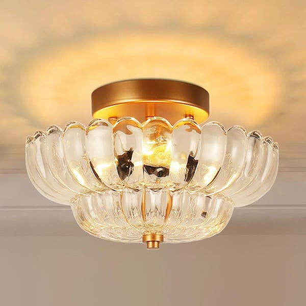 12 in. 3-Light Gold Semi Flush Ceiling Light with Warm Amber Glass for Bedroom, Hallway, Living Room