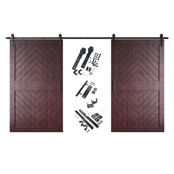 JT2 50 in. x 84 in. C-Panel Red Mahogany Fishbone Design Double Pine Wood Sliding Barn Door with Hardware Kit