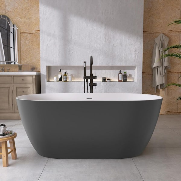 Getpro 59 in.L x 29.5 in.W Freestanding Soaking Bathtub Flatbottom Oval Tub with Chrome Center Drain Acrylic Tub in Matte Gray