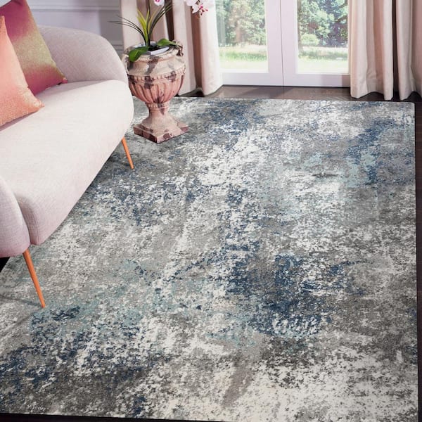 Yasmin 8 x 10 Gray/Light Blue Abstract Pattern Area Rug for High Traffic Living Room Dining Room Bedroom
