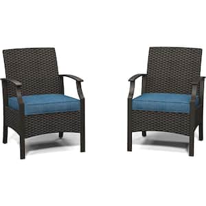 Black Wicker Outdoor Lounge Chair Patio Dining Chair with Blue Cushion (2-Pack)