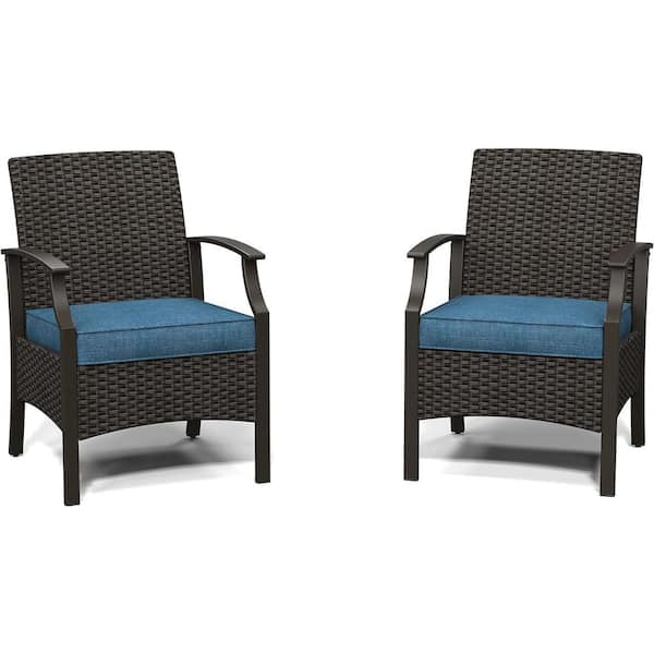 Mondawe Black Wicker Outdoor Lounge Chair Patio Dining Chair with Blue Cushion (2-Pack)