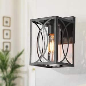 Modern Farmhouse Cage Wall Lantern Sconce Light 1-Light Black Outdoor Wall Light with Clear Glass Shade