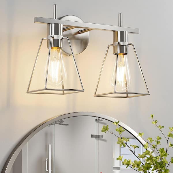 13 in. 2 Light Brushed Nickel Vintage Vanity Light with Metal Cage Shade Bathroom Light Fixture Industrial Wall Sconce