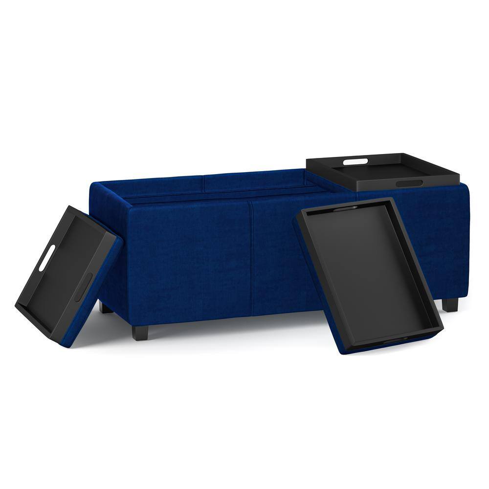 Avalon 42" Blue Velvet Rectangular Storage Ottoman with Tray