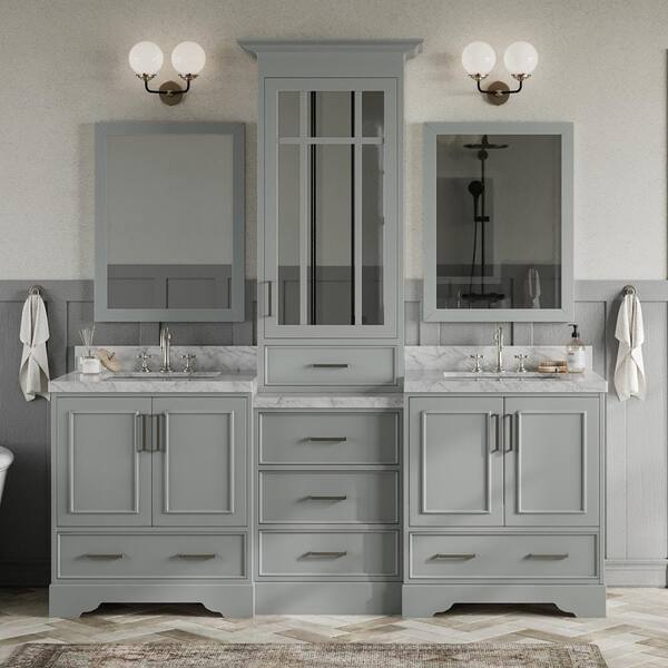 ARIEL Stafford 85 in. W x 22 in. D x 89 in. H Double Bath Vanity in Grey with White Carrara Marble Tops and Mirrors