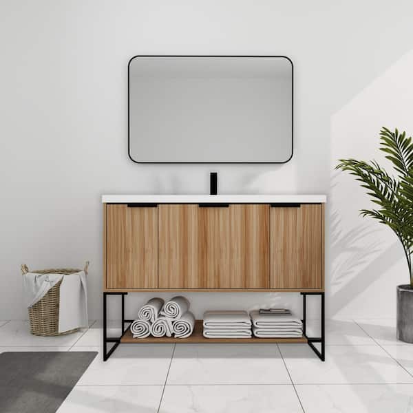 FUNKOL 48 in. W Modern Style Freestanding Bathroom Vanity with White Resin Basin in Yellow (Wooden)
