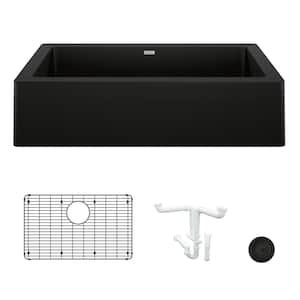 Vintera 30 in. Farmhouse/Apron-Front Single Bowl Coal Black Granite Composite Kitchen Sink Kit with Accessories
