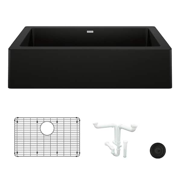 Blanco Vintera 30 in. Farmhouse/Apron-Front Single Bowl Coal Black Granite Composite Kitchen Sink Kit with Accessories