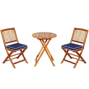 Natural 3-Piece Wood Outdoor Dining Set with Blue Cushions