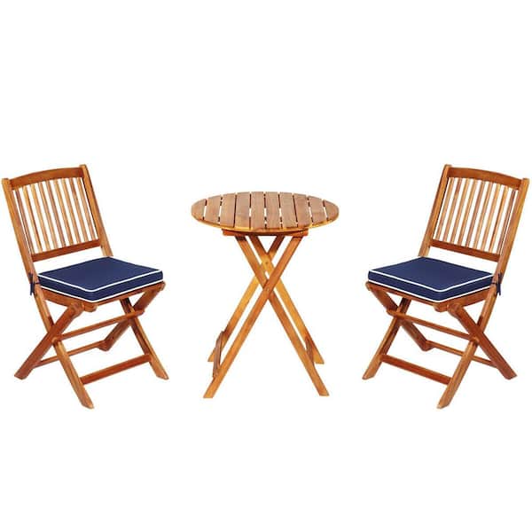 Costway Natural 3-Piece Wood Outdoor Dining Set with Blue Cushions