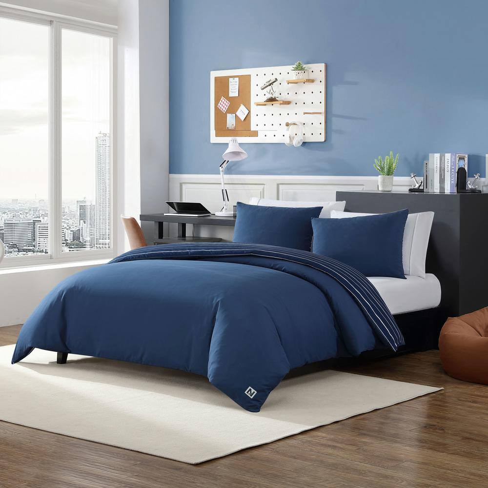 Navy Blue Reversible Twin Duvet Cover Set with Sham