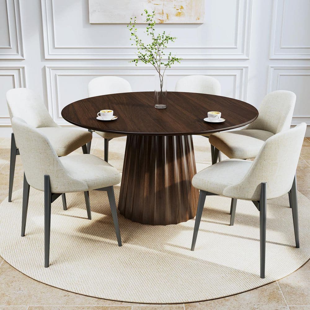 7-Pieces Walnut Round Wooden Top Dining Table Set 6 Seats with Wood Frame, Upholstered Black Ergonomic Dining Chair