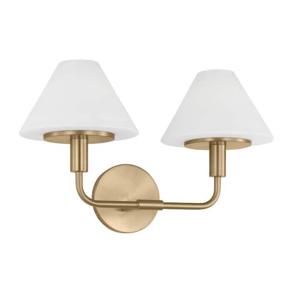Mendota 18 in. W x 11 in. H 2-Light Satin Brass Dimmable Medium Wall Sconce with Opal Etched Glass Shades