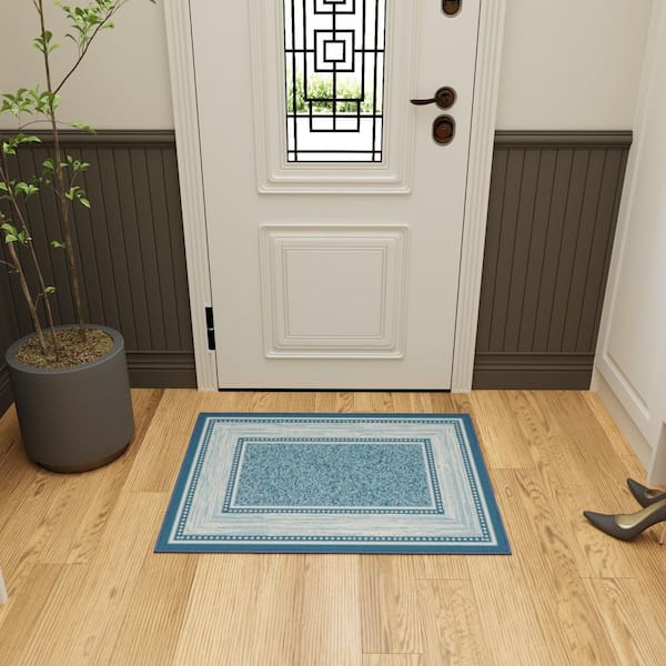 Ottohome Collection Non-Slip Rubberback Bordered Design 2x3 Indoor Entryway Mat, 2 ft. 3 in. x 3 ft., Teal Blue