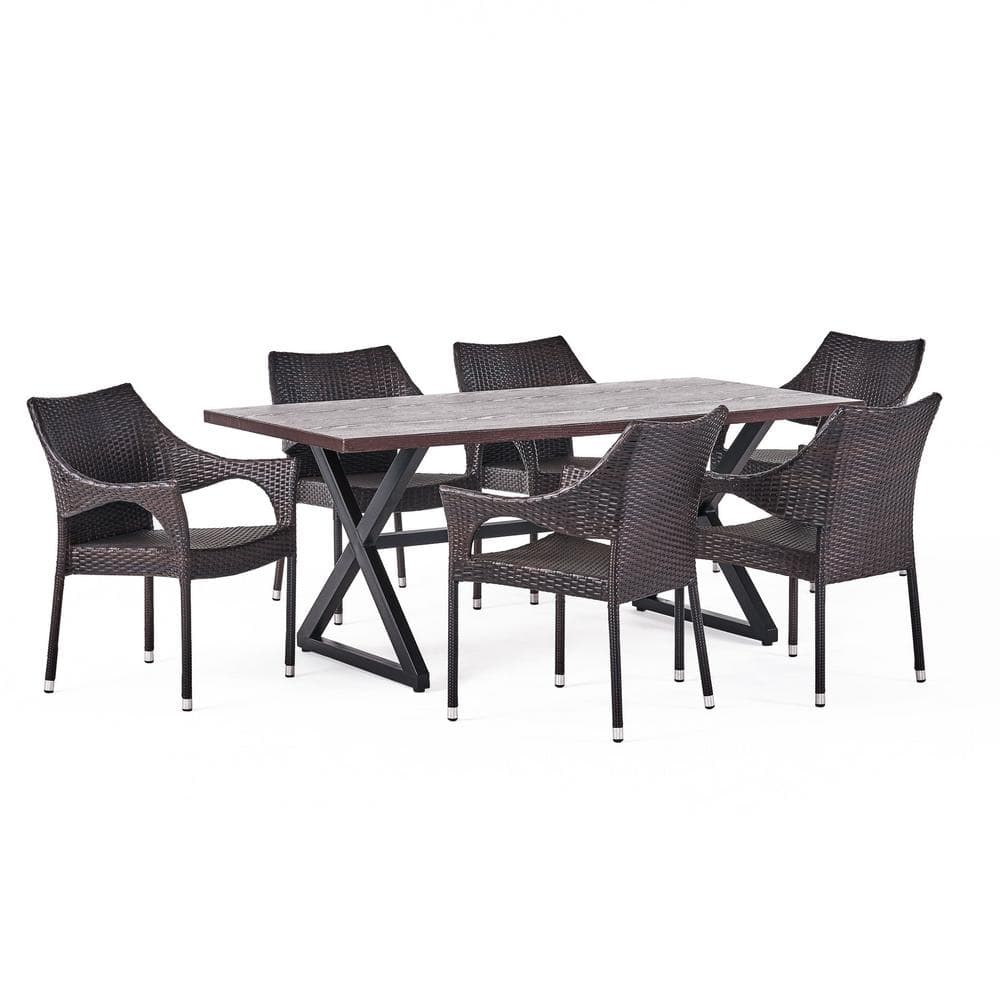 Noble House Grayson MultiBrown 7Piece Faux Rattan Outdoor Dining Set