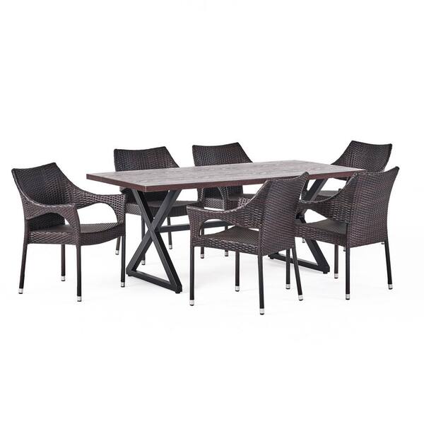 Noble House Grayson Multi-Brown 7-Piece Faux Rattan Outdoor Dining Set