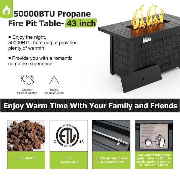 eVita - 43 in. 50000BTU Propane Fire Pit Table Modern Outdoor Gas Fire Table with Fire Rocks