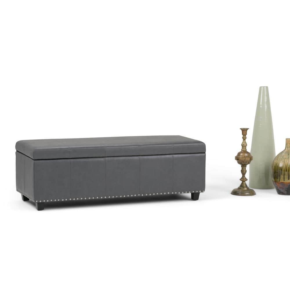 Stone Gray Faux Leather Rectangular Storage Ottoman Bench