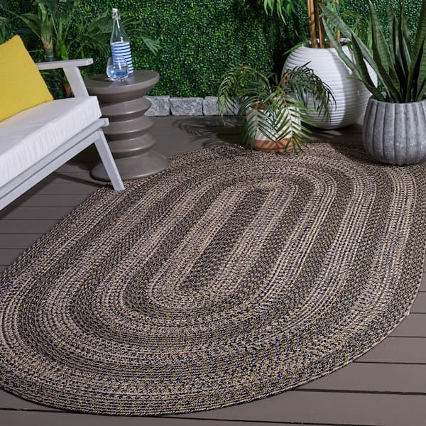 Braided 5 ft. x 8 ft. Oval Navy/Gold Two-Tone Border Washable Indoor/Outdoor Area Rug