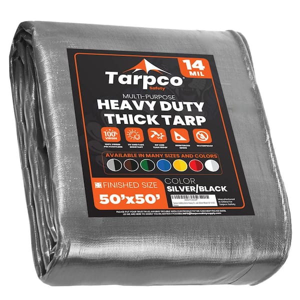 TARPCO SAFETY 50 ft. x 50 ft. Silver/Black 14 Mil Heavy Duty Polyethylene Tarp, Waterproof, UV Resistant, Rip and Tear Proof