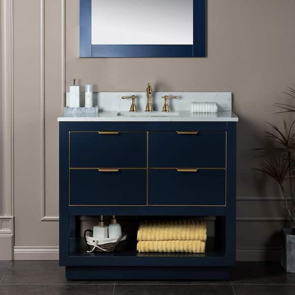 WOODBRIDGE Venice 43 in.W x 22 in.D x 38 in.H Bath Vanity in Navy Blue with Engineered stone Vanity Top in White with White Sink