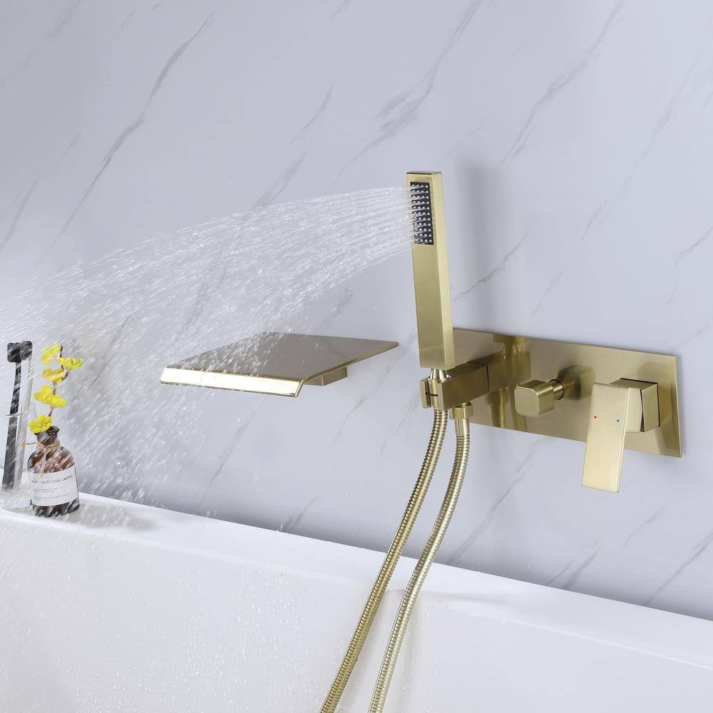 Brushed Gold Wall-Mounted Waterfall Tub Filler with Hand Shower