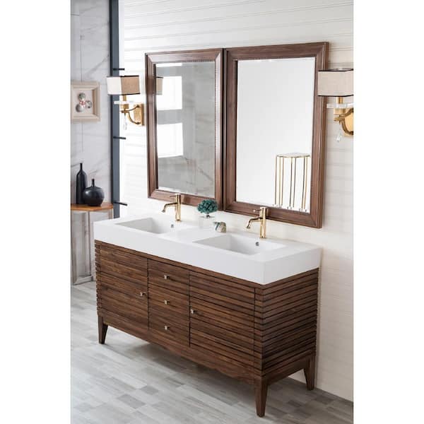 James Martin Vanities Linear 59 In W Double Bath Vanity In Mid Century Walnut With Vanity Top In Glossy White With White Basin 210 V59d Wlt Gw The Home Depot