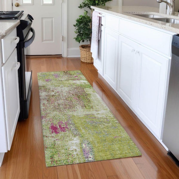 Mayfield Premium Machine Washable Abstract AMF989 Lime 2 ft. 3 in. x 7 ft. 6 in. Runner Rug