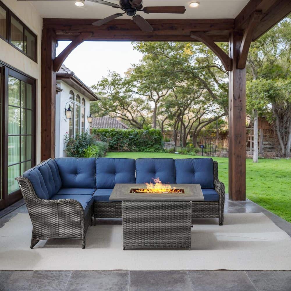 Gray 2-Piece Wicker Patio Fire Pit Set, Outdoor 6-Seater Sectional Seating Set with Olefin Navy Blue Cushions price history on PriceWatchPro