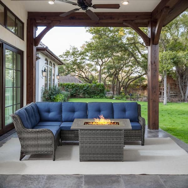 Gray 2-Piece Wicker Patio Fire Pit Set, Outdoor 6-Seater Sectional Seating Set with Olefin Navy Blue Cushions