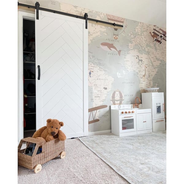 36 in. x 84 in. Herringbone White Alder Wood Interior Sliding Barn Door Slab with Hardware Kit