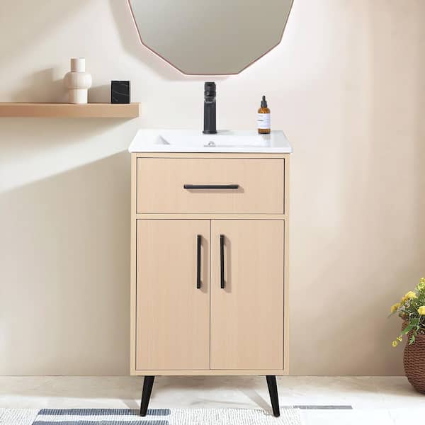20 in. W x 18 in. D x 34 in. H. 2 Doors Mini Modern Bathroom Vanity in Oak with White Ceramic Sink Top