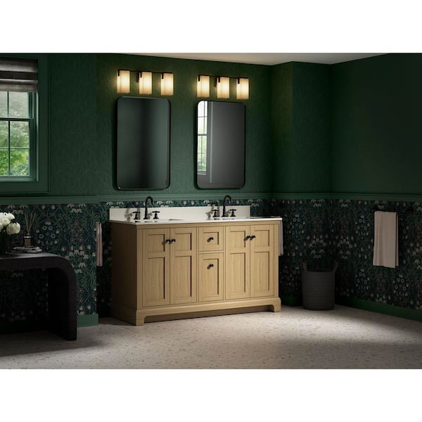 Baskin 60 in. Double Sink Light Oak Bath Vanity with Bianco Bella Quartz Top