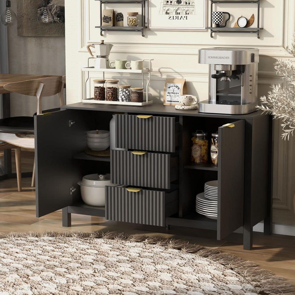 Black 47.2 in. Wood Buffet Sideboard with Wave Design, Adjustable Shelves, 3 Drawers, Metal Handles