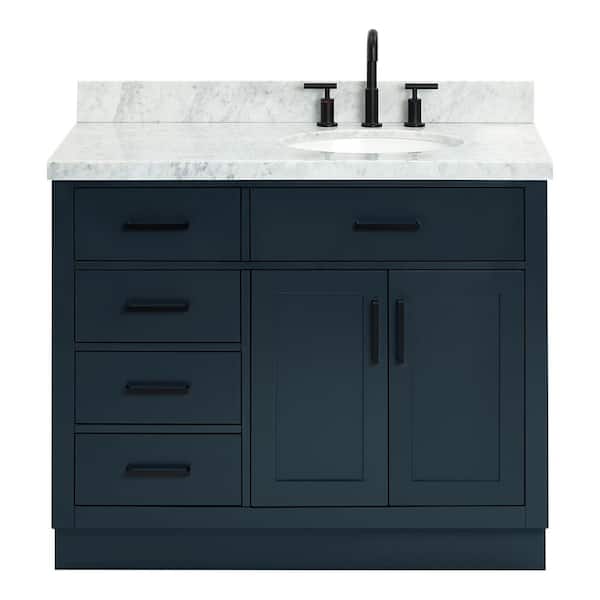 Hepburn 42 in. Single Sink Freestanding Bathroom Vanity in Midnight Blue with Carrara White Marble Top
