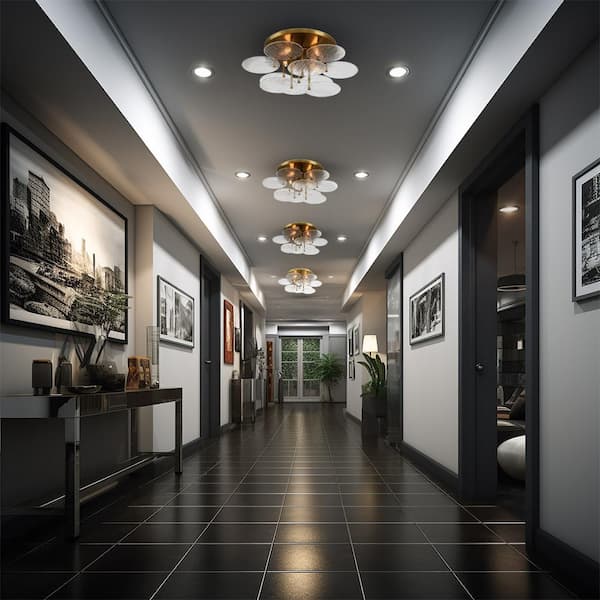 Artze 25 in. 4-Light Soft Brass Contemporary Flush Mount with Clear Water Glass Shades and No Bulbs Included (1-Pack)