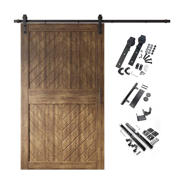 JT2 48 in. x 84 in. C-Panel Dark Walnut Fishbone Design Solid Pine Wood Sliding Barn Door with Hardware Kit