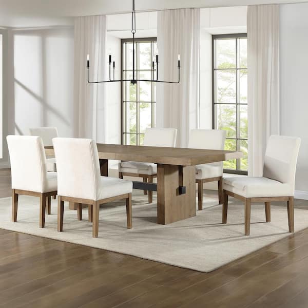 Steve Silver Aubrey 7-Piece Rectangle Brown Wood Dinning Room Set with 6-Eggshell Upholstered Brown Parsons Chairs