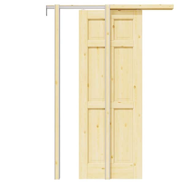 32 in. x 80 in. 6-Paneled Unfinished Pine Wood Sliding Pocket Door with Door Frame and Hardware (Soft Close Included)