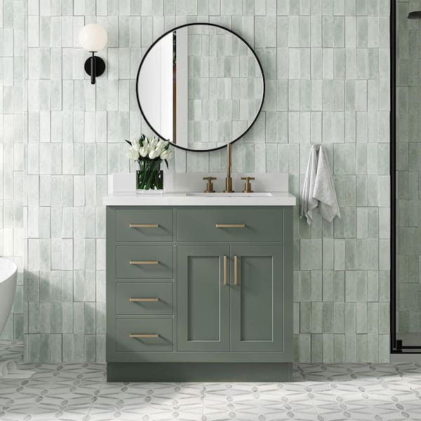 Hepburn 36 in. Single Sink Freestanding Bathroom Vanity in Vintage Sage Green with Pure White Quartz Top